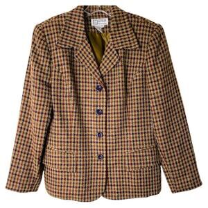 Vintage tan purple rust plaid tweed preppy academia office button blazer 14